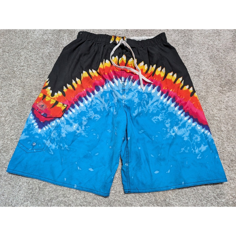 VTG Surf Style Swim Shorts Men Large‎ Blue Tie Dye Flame Cargo Pocket Beachwear